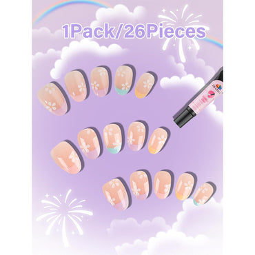 EBANKU Kids Press On Nails 26pcs Pink Flower Set