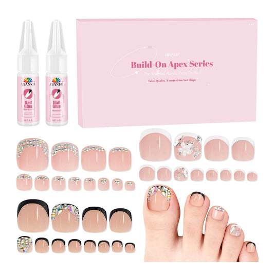 EBANKU Rhinestone French Tip Press On Toenails 72PCS Nude Pink