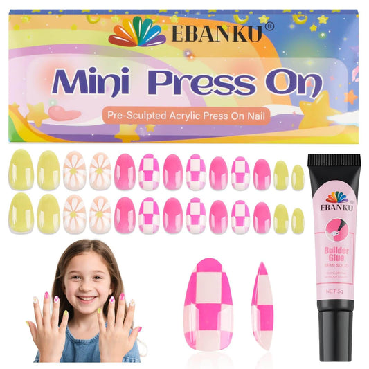 EBANKU 26Pcs Kids Press On Nails Floret Grid Set