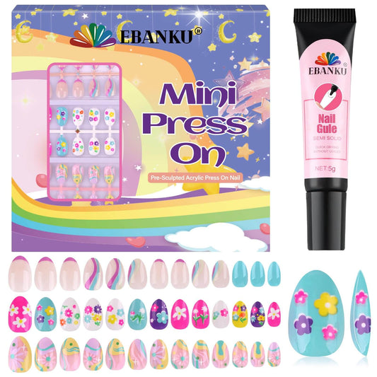 EBANKU Kids Press On Nails 78PCS Almond Fake Nail Kit with Glue