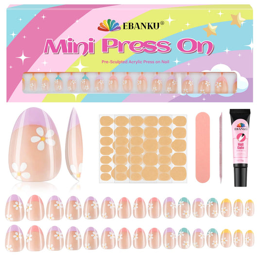 EBANKU 32PCS Kids Press On Nails Almond Fake Nail Kit for Girls