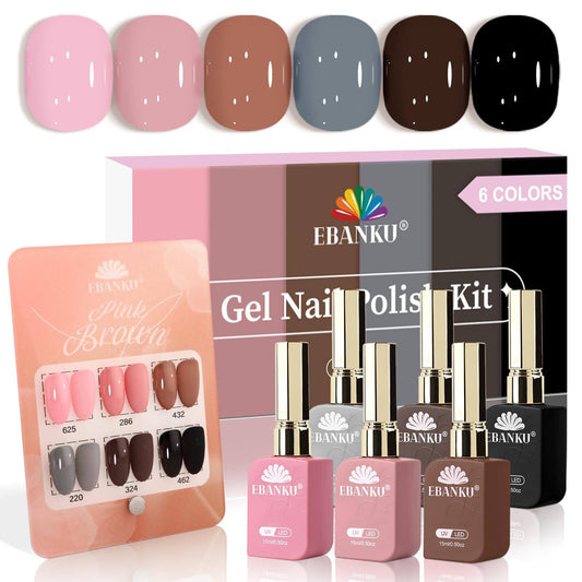 EBANKU 6Pcs Pink Nude Brown Gel Nail Polish Set 15ML Fall Colors