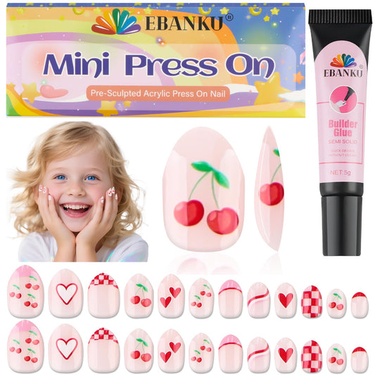 EBANKU 24PCS Kids Press On Nails Cherries Fake Nail Kit for Girls