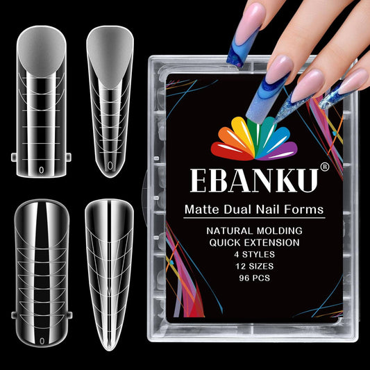 EBANKU 96PCS Clear Matte Poly Gel Nail Forms 4 Styles 12 Sizes