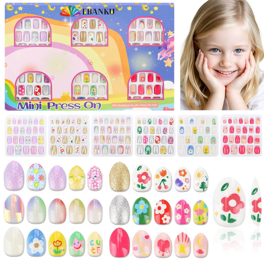 EBANKU 144Pcs Kids Press On Nails Pink Gold Flower Set