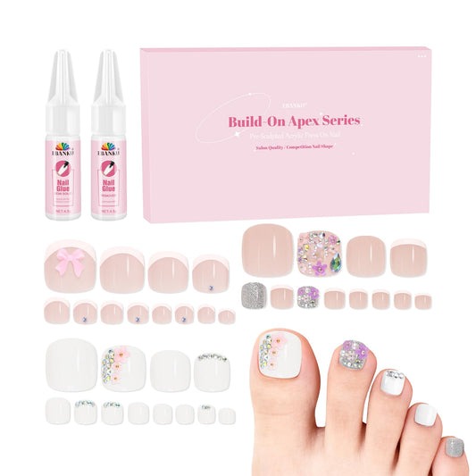 EBANKU Floral French Tip Press On Toenails 72PCS w/Glue