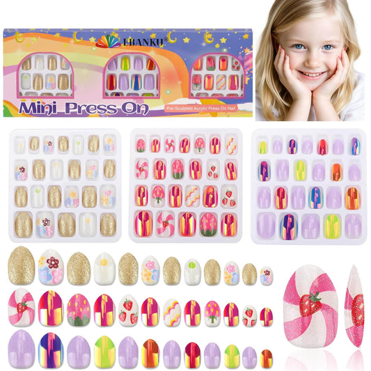 EBANKU 72Pcs Kids Press On Nails Gold Strawberry Set