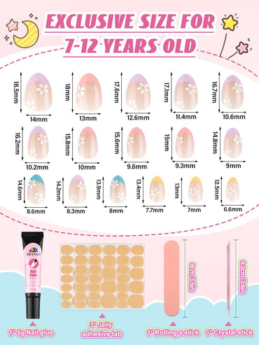EBANKU 32PCS Kids Press On Nails Almond Fake Nail Kit for Girls