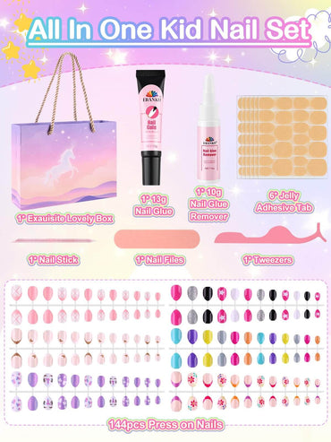 EBANKU Kids Press On Nails Gift Box, 156 Pcs Cute Fake Nails Set