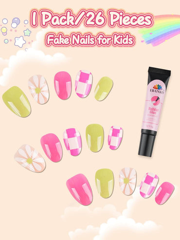 EBANKU 26Pcs Kids Press On Nails Floret Grid Set