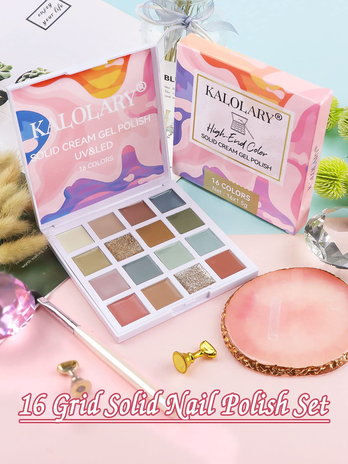 EBANKU 16 Color Solid Gel Nail Polish Palette with Brush
