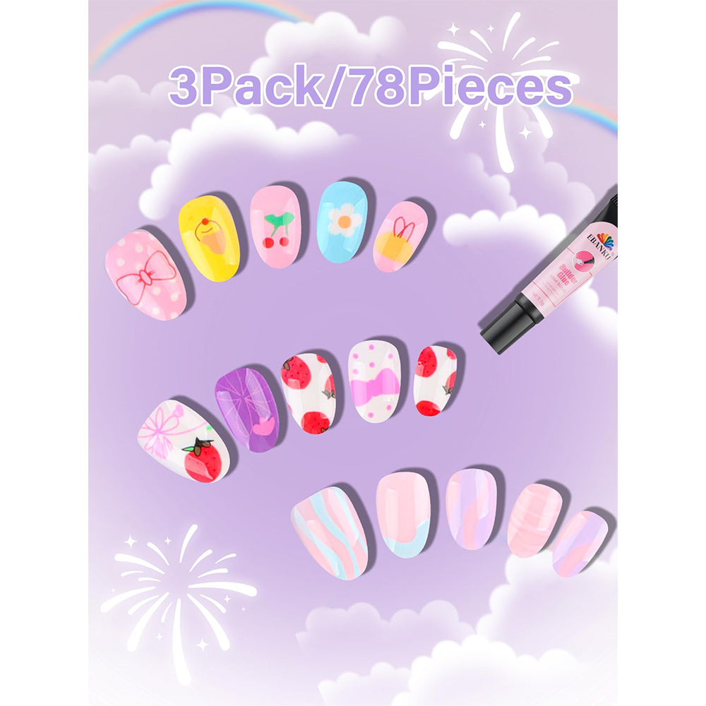 EBANKU Kids Press On Nails 78pcs Bow Strawberry Set