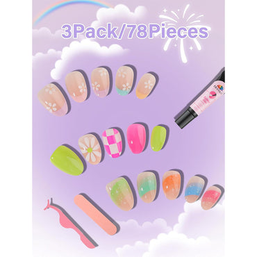EBANKU Kids Press On Nails 78pcs Flower Nail Kit