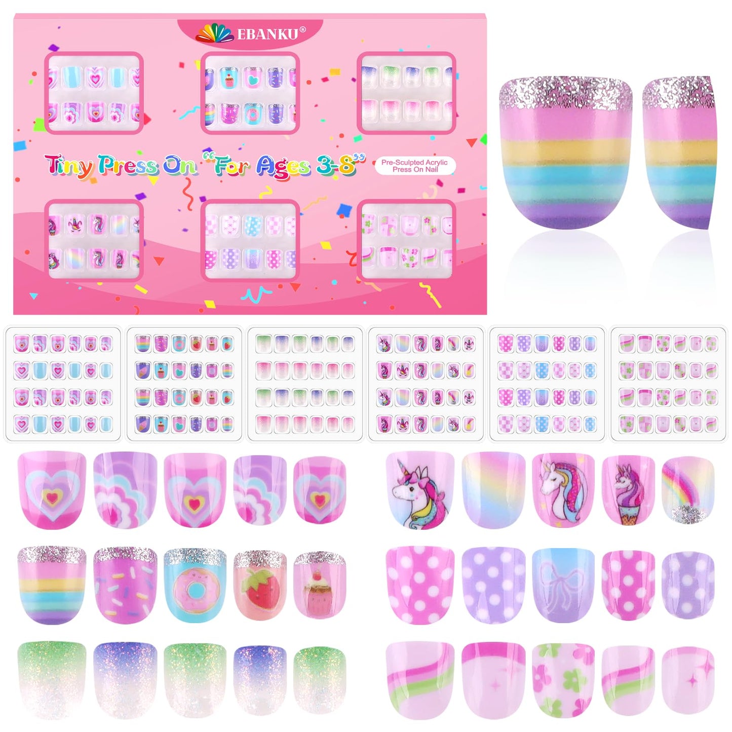 EBANKU 144PCS Mini Kids Press On Nails 6 Pack Pink Nail Kit