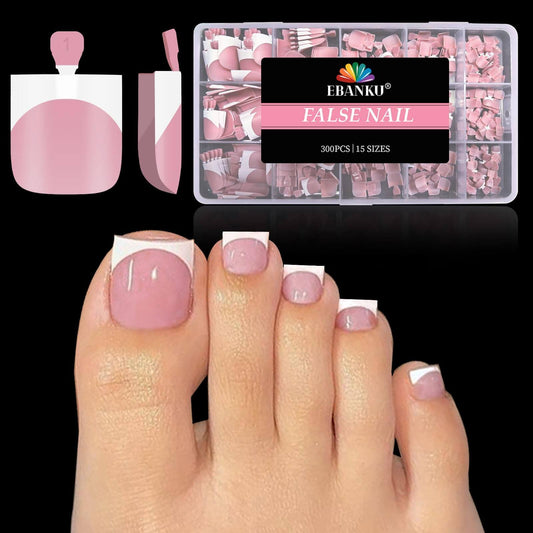 EBANKU French Tip Toe Press On Nails 300pcs Light Pink 15 Sizes