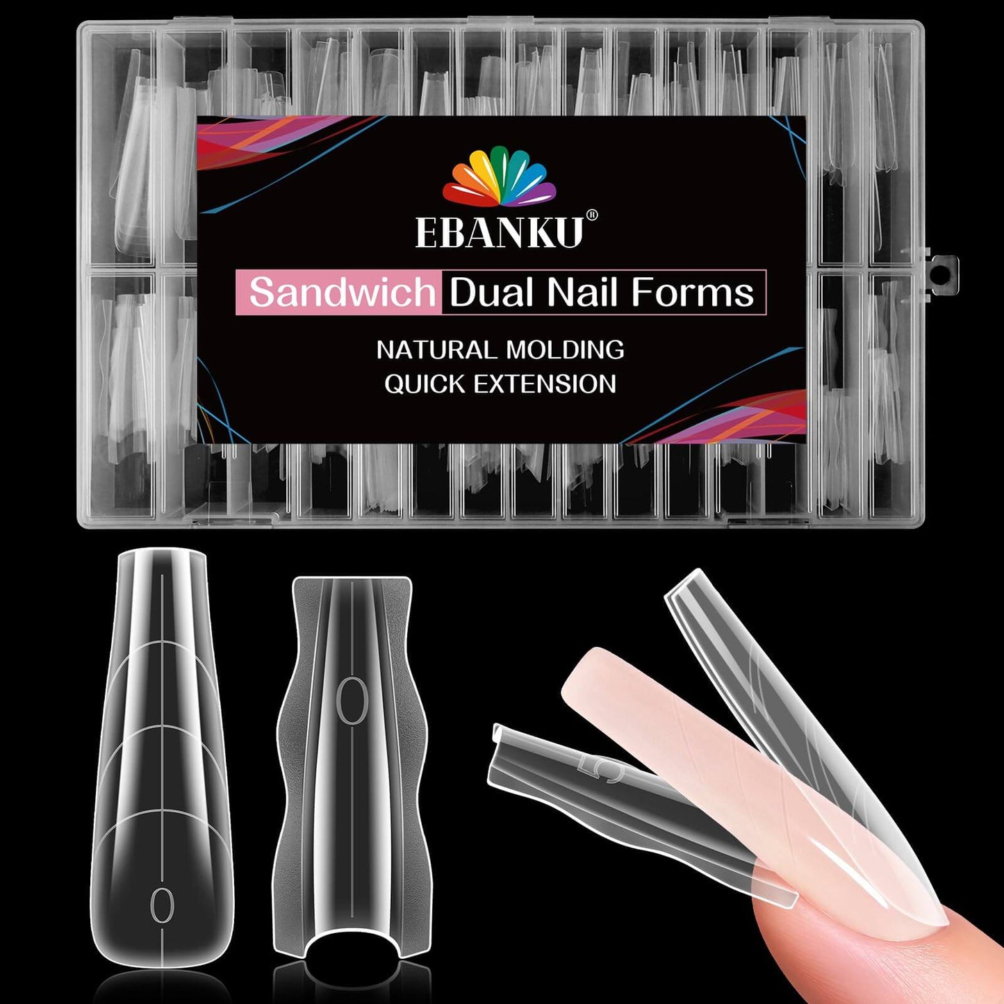 EBANKU 240PCS Sandwich Dual Nail Forms 15 Sizes Coffin Nails