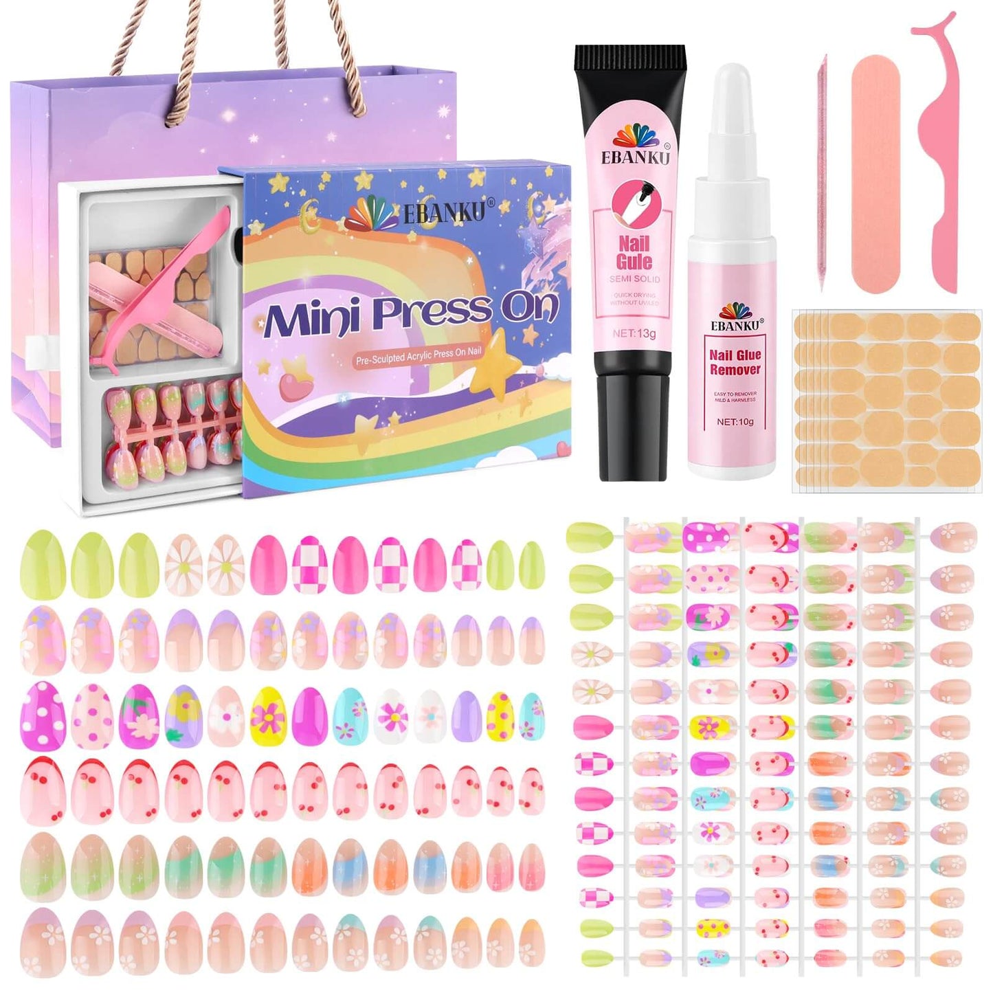 EBANKU 156PCS Kids Press On Nails Gift Set 6 Styles with Glue