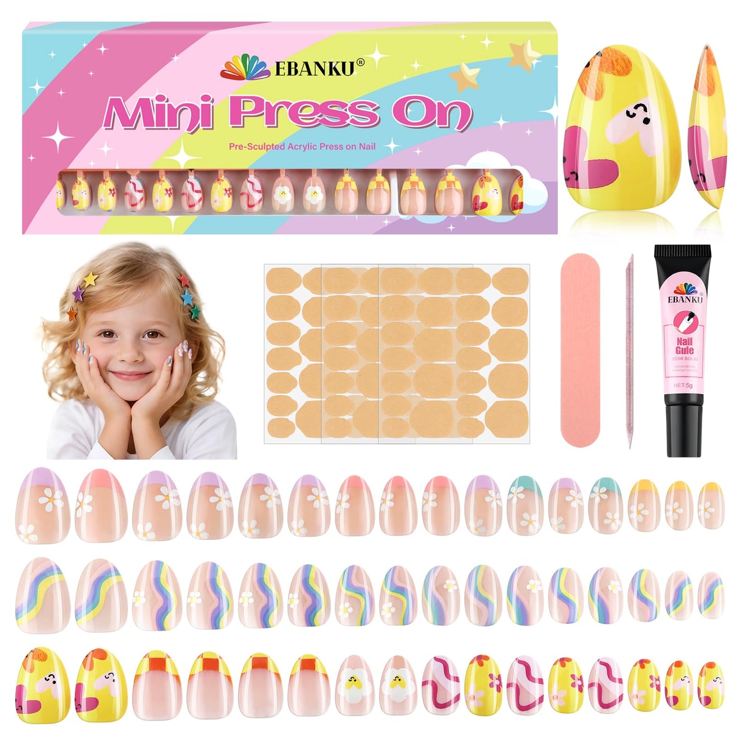 EBANKU Kids Press On Nails 96PCS 3 Pack Full Size Cute Set
