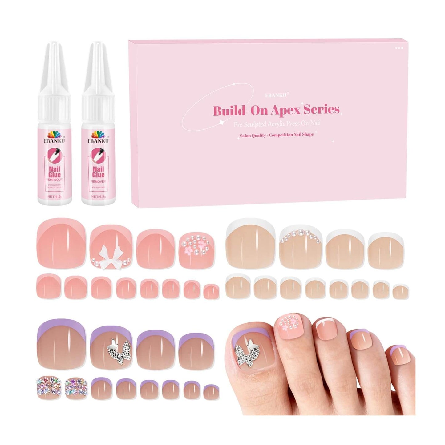 EBANKU French Tip Press On Toenails 72PCS Short Square Tips
