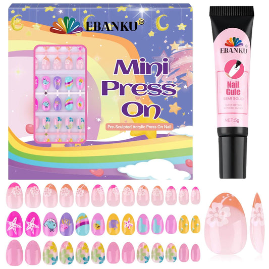 EBANKU 78PCS Kids Press On Nails Pink Flower Fake Nail Kit with Glue