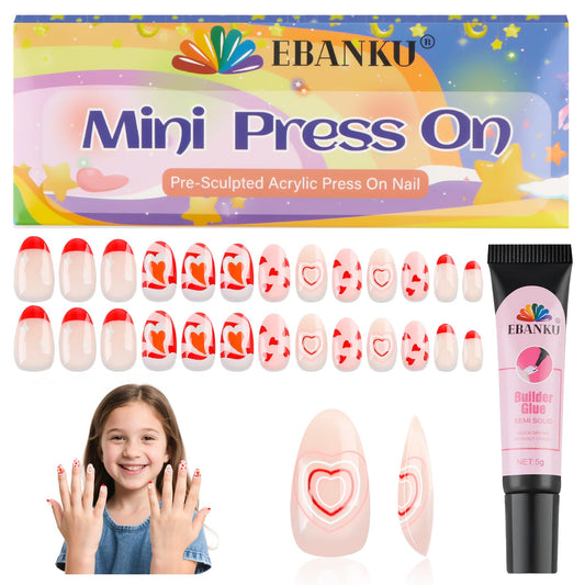 EBANKU Kids Press On Nails 26Pcs Red Heart Set