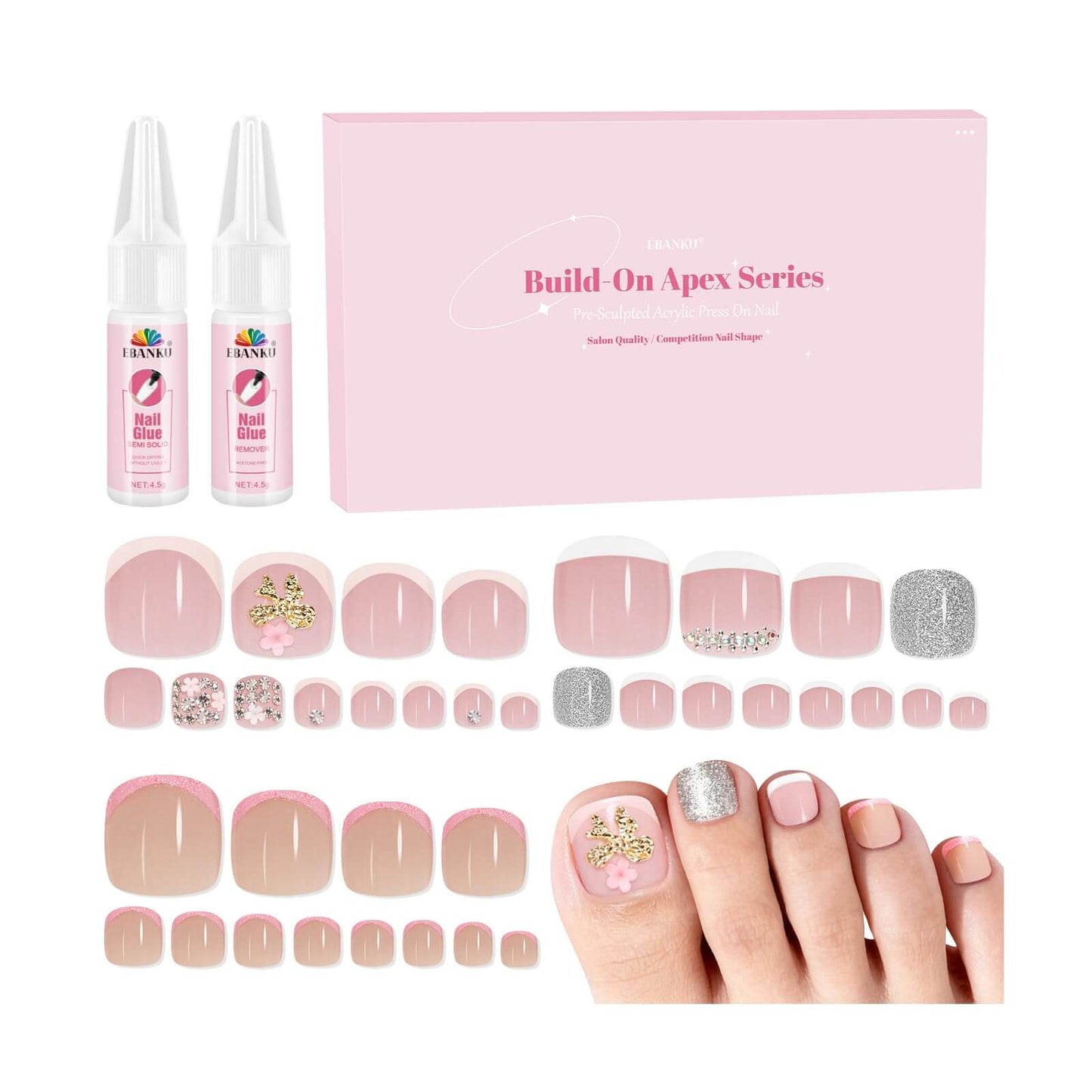 EBANKU Press On Toenails 72PCS French Tip Set with Nail Glue