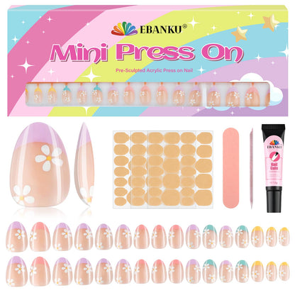 EBANKU 32PCS Kids Press On Nails Almond Fake Nail Kit for Girls