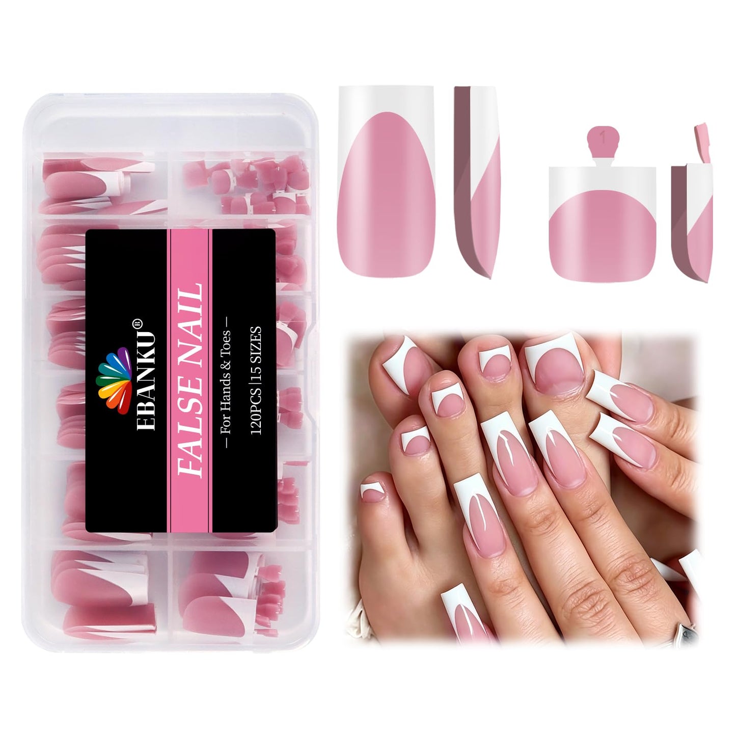 EBANKU 120PCS French Toe Nail Tips Set White Pink 15 Sizes