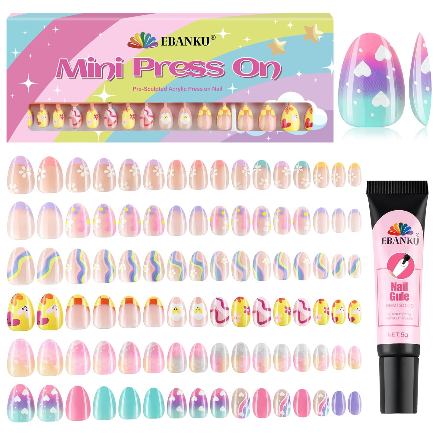 EBANKU 196PCS Kids Press On Nails 6 Pack Fake Nail Kit for Girls
