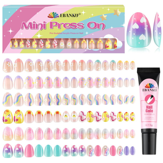 EBANKU 196PCS Kids Press On Nails 6 Pack Fake Nail Kit for Girls