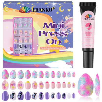 EBANKU 72PCS Kids Press On Nails Butterfly Flower Nail Kit