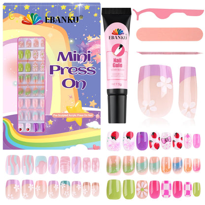 EBANKU 130PCS Kids Press On Nails 5 Pack French Flower Kit