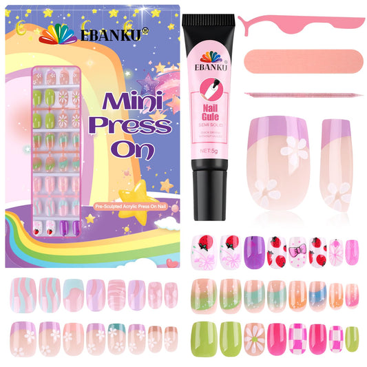 EBANKU 130PCS Kids Press On Nails 5 Pack French Flower Kit