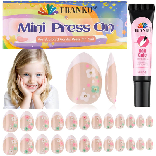 EBANKU Kids Press On Nails 24 Pcs Mini Flower French Fake Nails