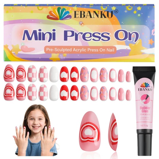 EBANKU Kids Press On Nails 26Pcs Pink Heart Grid Set