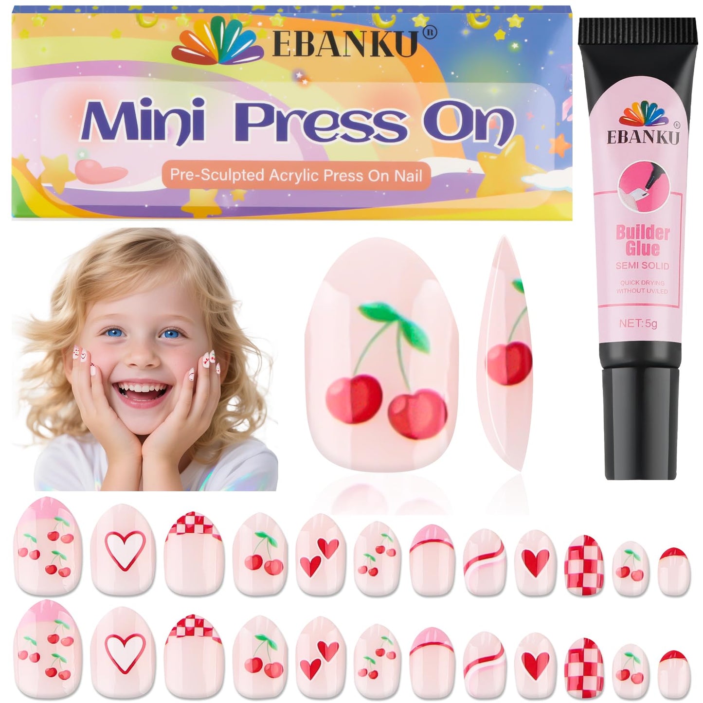 EBANKU 24PCS Kids Press On Nails Cherries Fake Nail Kit for Girls