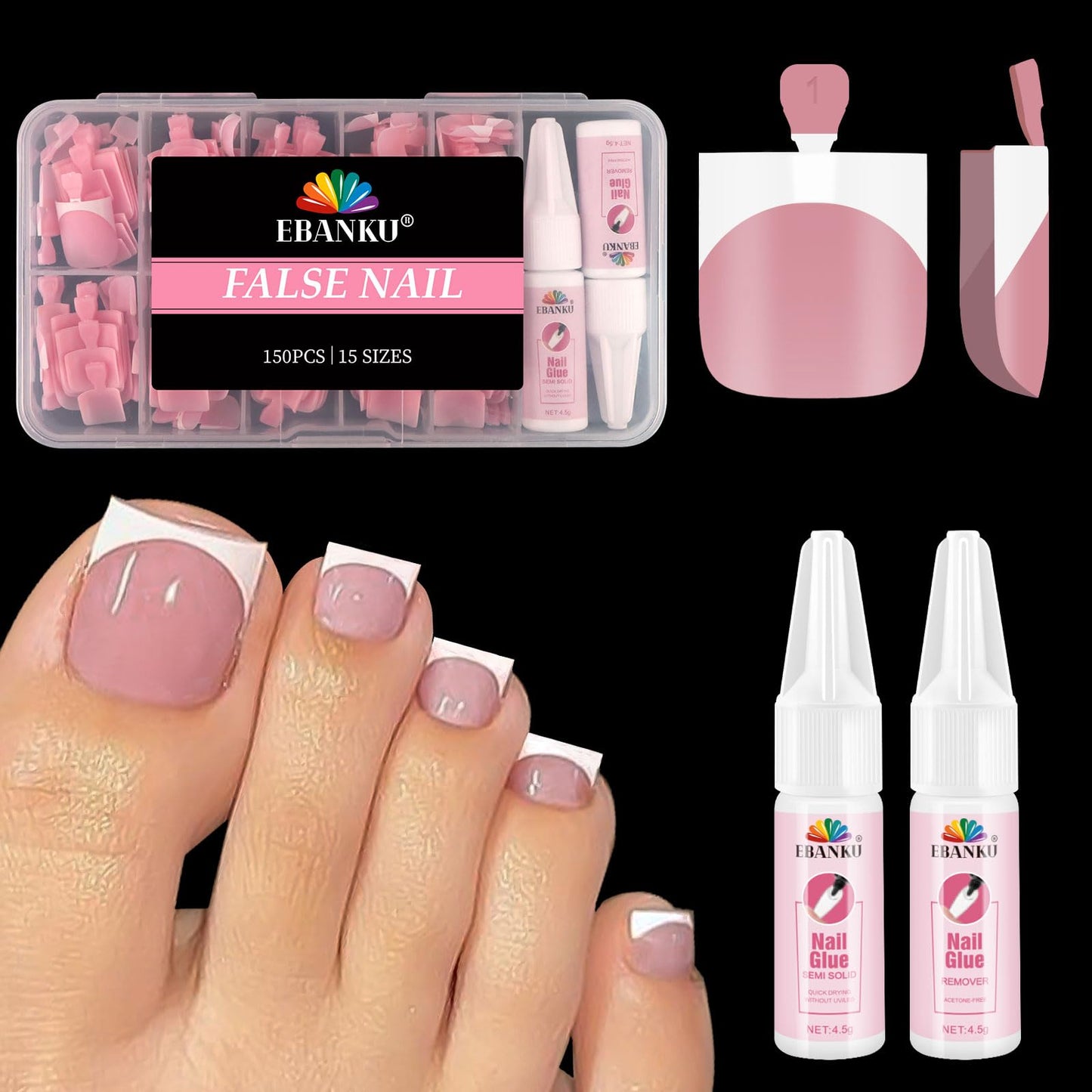 EBANKU 150PCS Square French Press On Toenails with 2 Nail Glues