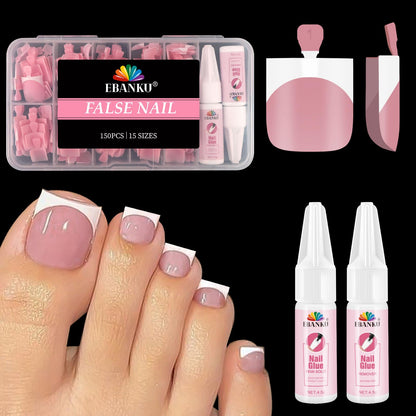 EBANKU 150PCS Square French Press On Toenails with 2 Nail Glues