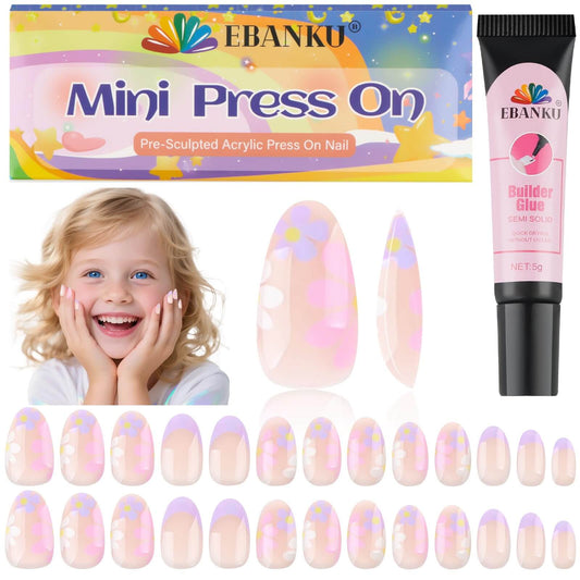 EBANKU Kids Press On Nails 26PCS Almond Fake Nail Kit with Glue