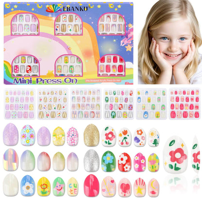 EBANKU 144Pcs Kids Press On Nails Pink Gold Flower Set