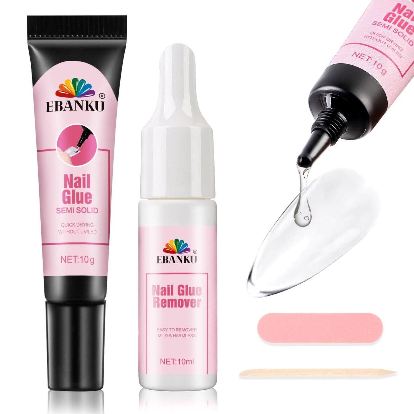 EBANKU Semi Solid Nail Glue Gel with Remover – 10ml Quick Dry