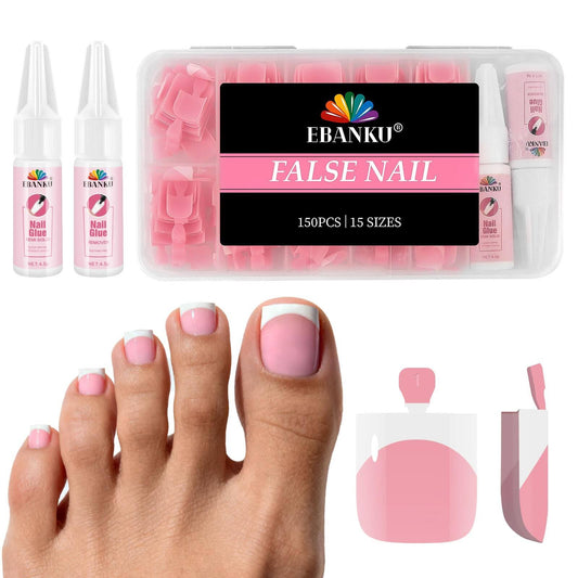 EBANKU French Tip Press On Toenails 150PCS Light Pink Square Tips