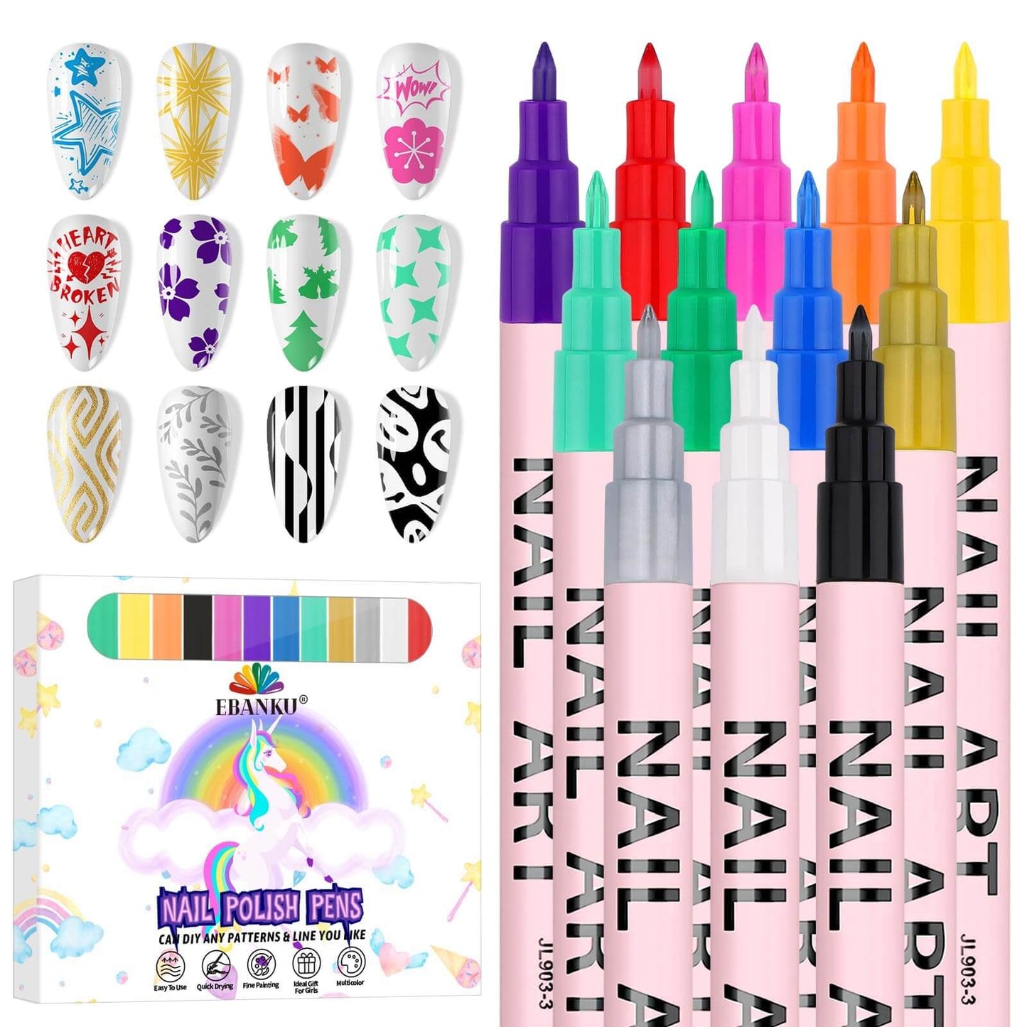 EBANKU 12 Colors 0.7mm Nail Art Pens Set Quick-Dry Nail Markers