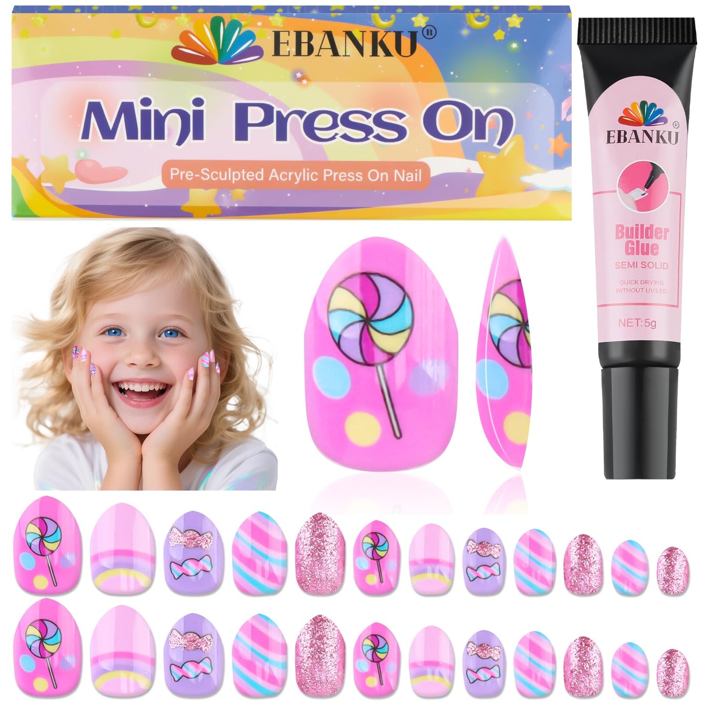 EBANKU 24PCS Almond Kids Press On Nails Candy Nail Kit for Girls