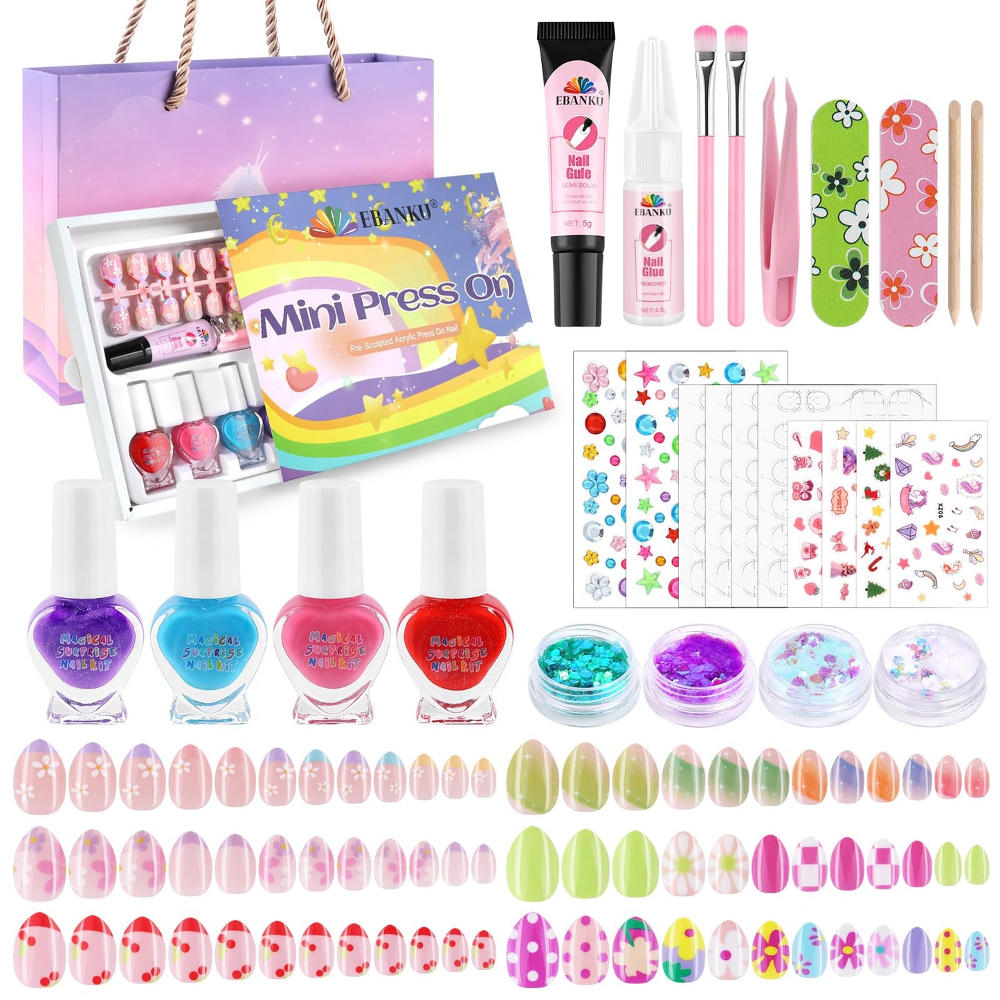 EBANKU 144 Pcs Kids Press On Nail Gift Box with Nail Polish Kit