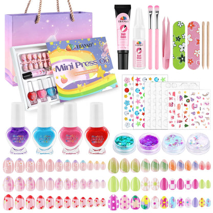 EBANKU 144 Pcs Kids Press On Nail Gift Box with Nail Polish Kit