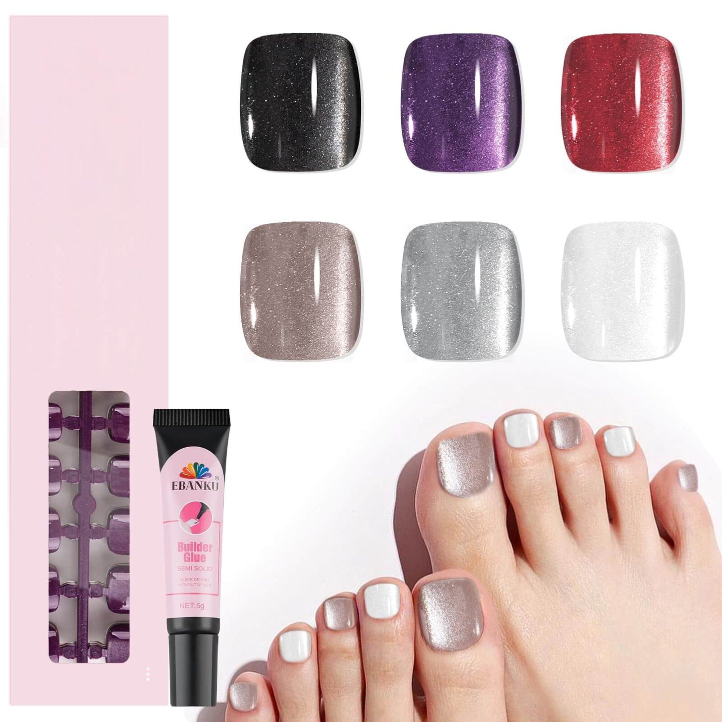 EBANKU 180 Pcs Cat Eye French Press On Toenails with Glue