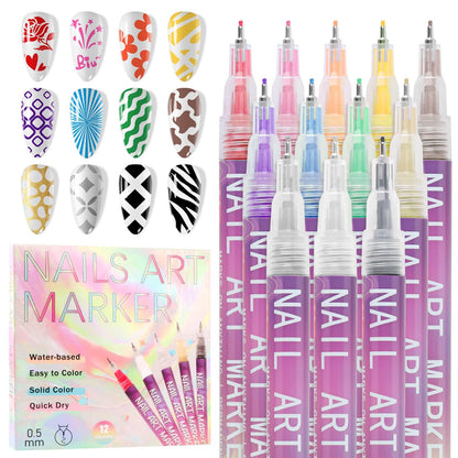 EBANKU 12 Colors Nail Art Pens Set 0.5mm Quick-Dry Nail Markers