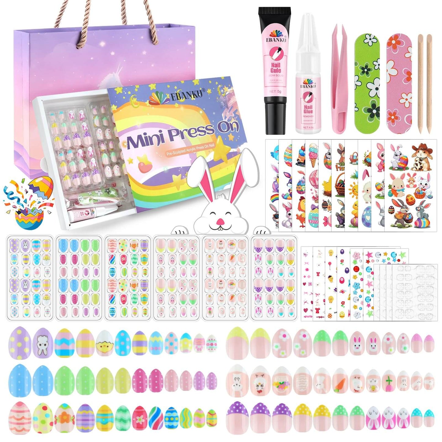 EBANKU Kids Press On Nails Gift Box, 156 Pcs Cute Fake Nails Set