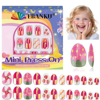 EBANKU Kids Strawberry Press On Nails 24PCS Almond Nail Kit